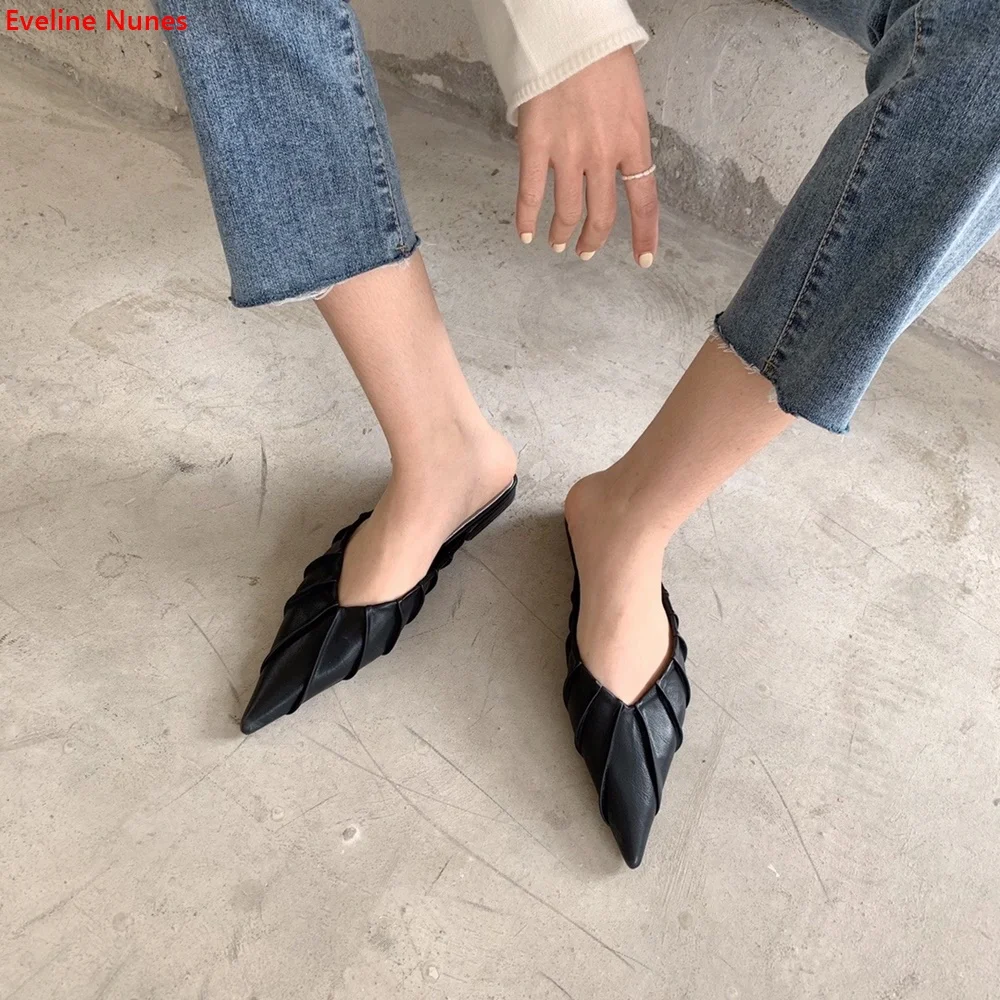 Wrinkled Surface Slip-on Slippers Women's New Arrival Summer Pointed Toe Hollow Bottom Heel Simple Fashion Confortable Shoes