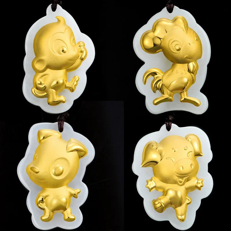 1pcs Real Hetian Jade Pendant For Women 4D Hard Gold Foil Pendant Twelve of Zodiac Cartoon Animal Pendant  Tiger Year Gift