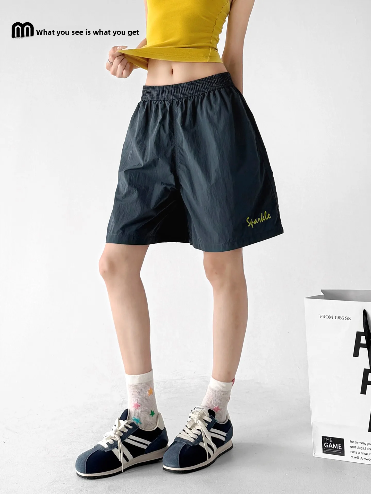 

Stylish Sporty Summer Shorts Women's Slimming College Style High Waist Outdoor Casual Pants Wide Leg Loose Fit Nylon Fabric