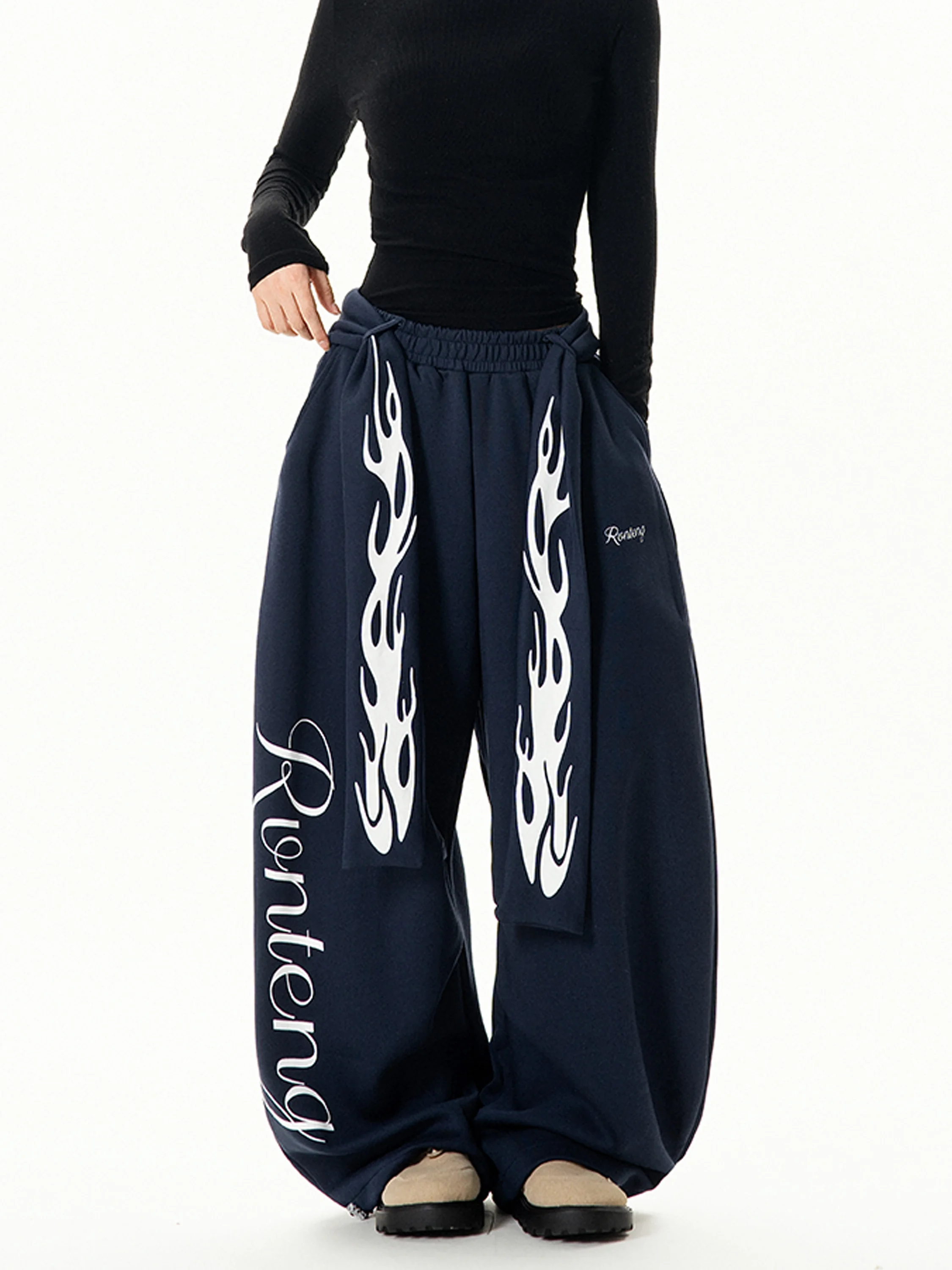 

Retro Print Belted Wide Leg Casual Pants Women's Loose Slimming Versatile Long Trousers Trendy Street Sle l Waist