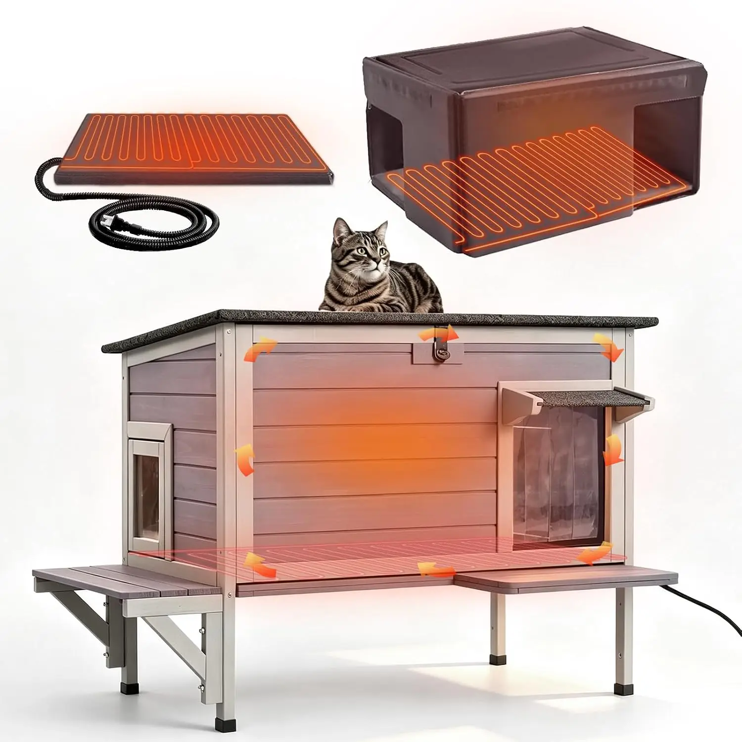 Large Heated Outdoor Cat House with Insulated Liner & Heating Pad, Weatherproof Shelter with Open Roof & Escape Door, Customized