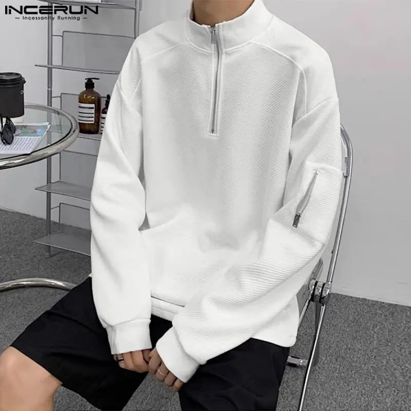 

Korean Style Men's Texture Zipper Half High Neck Sweater Autumn Winter Casual Solid Long Sleeved Sweater S-5XL INCERUN Tops 2023