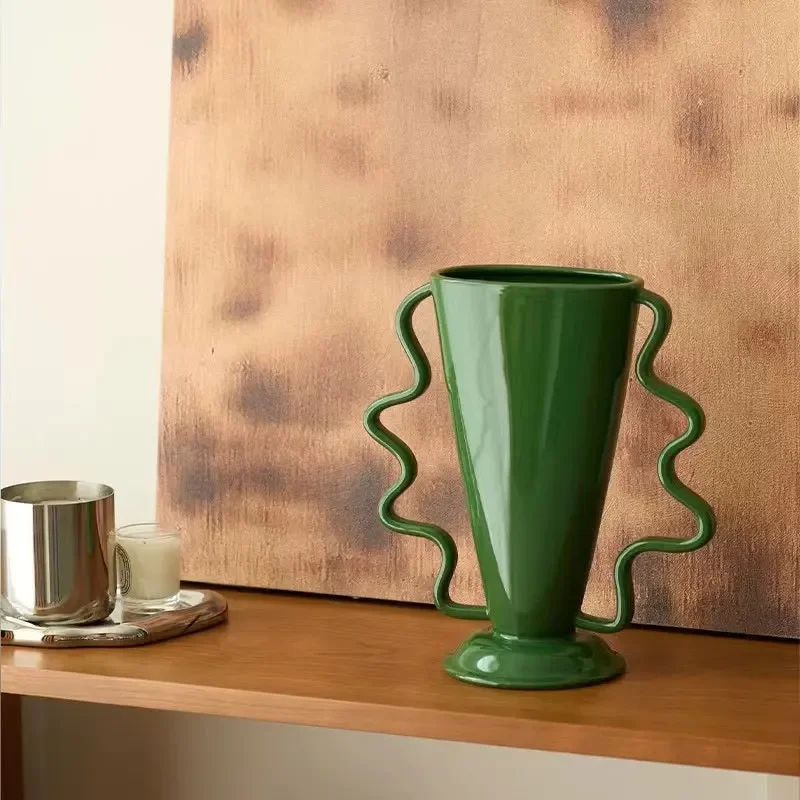 Resin Handicraft Wave Shape Green Flower Vase Geometric Abstraction Floral Arrangement Accessories Room Decoration Accessories