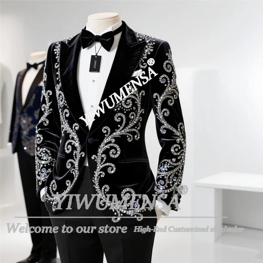 Trajes de esmoquin de lujo con cuentas de cristales para hombre, trajes para boda, graduación, novio, conjuntos de 2 piezas, Blazers de terciopelo para graduación, trajes elegantes para hombres