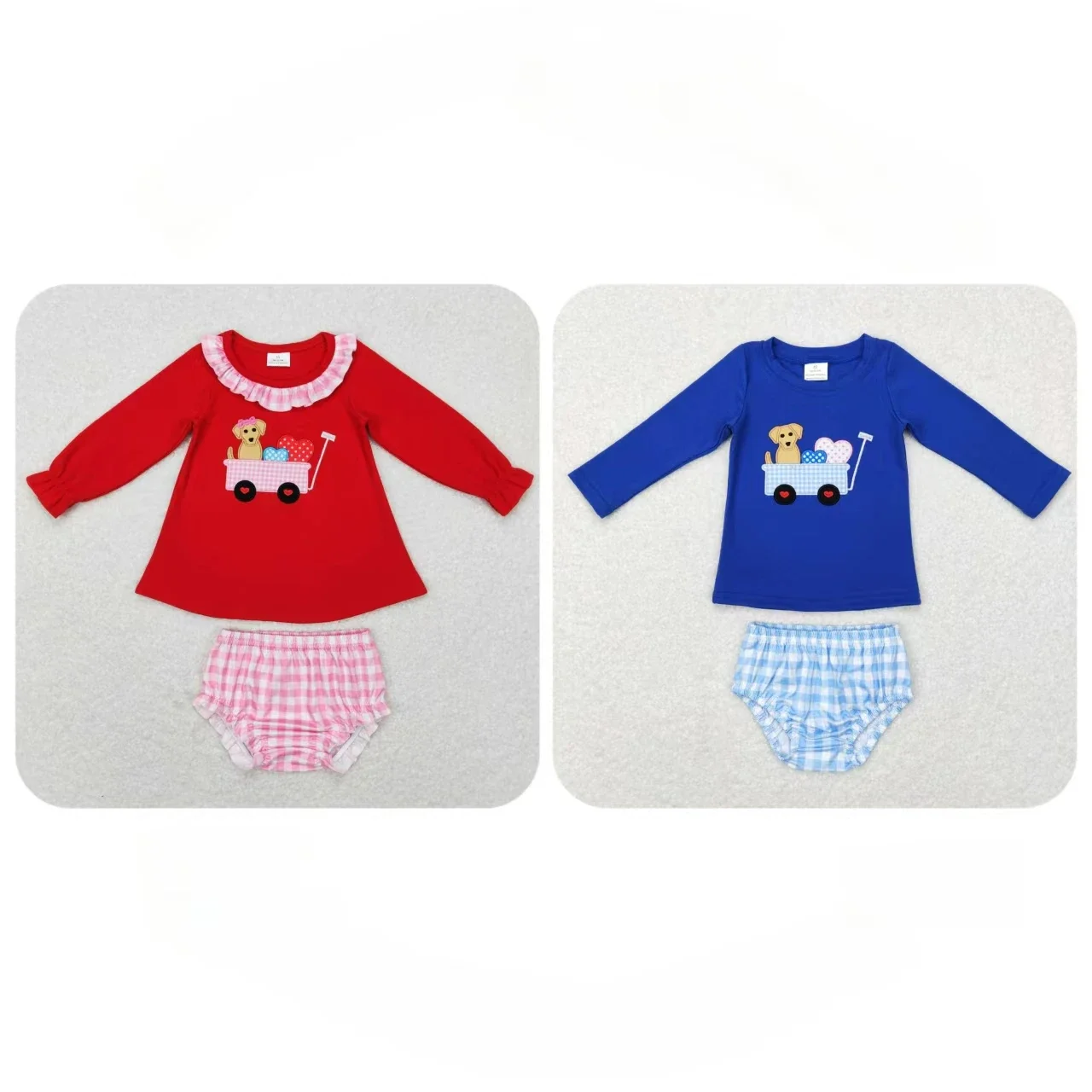 Kids Valentine Long Sleeves Cotton Shirt Plaid Bummie Shorts Outfit Infant Children Boy Girl Embroidery Dogs Hearts Toddler Set