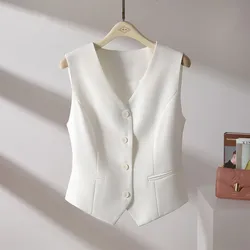 Colete branco sem mangas para mulheres, jaqueta curta fina, cintura reduza, moda simples, senso sênior de colete, novo traje casual, outono, 2023