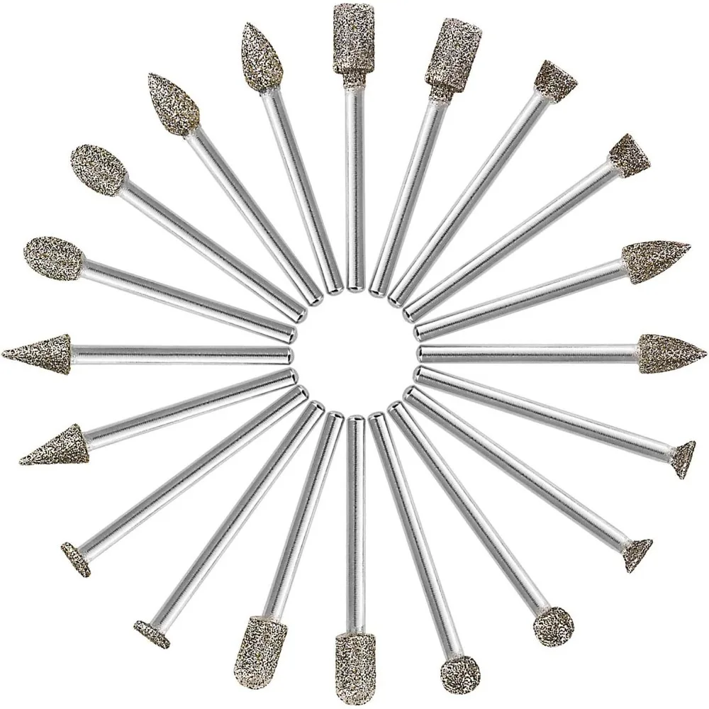 20Pcs Mini Diamond Grinding Burr Bits Set, 3mm Shank Dremel Accessories for Stone Glass Jade Carving
