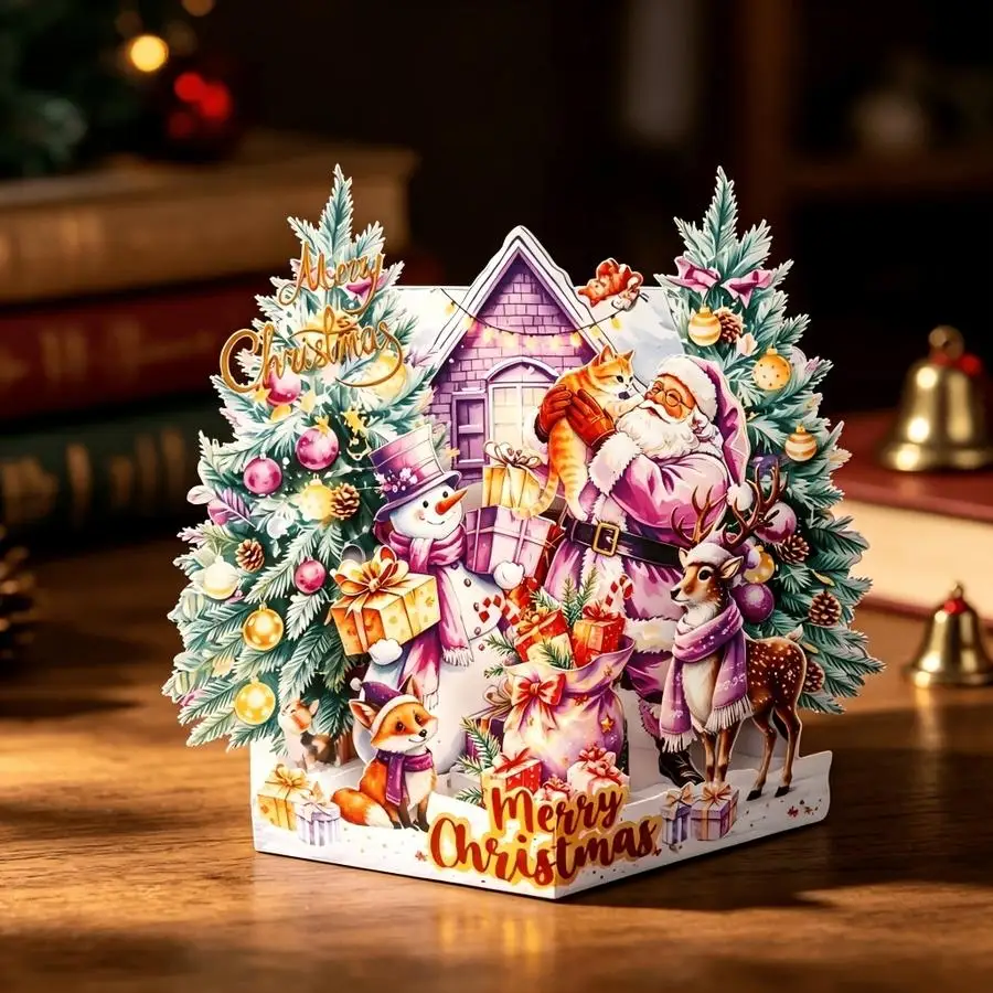 1/5/10/20/50/100pcs Merry Christmas 3D Pop Up Card, Purple Santa Holding Cat Snowman Fox Reindeer Holiday Popup Greeting Card wi