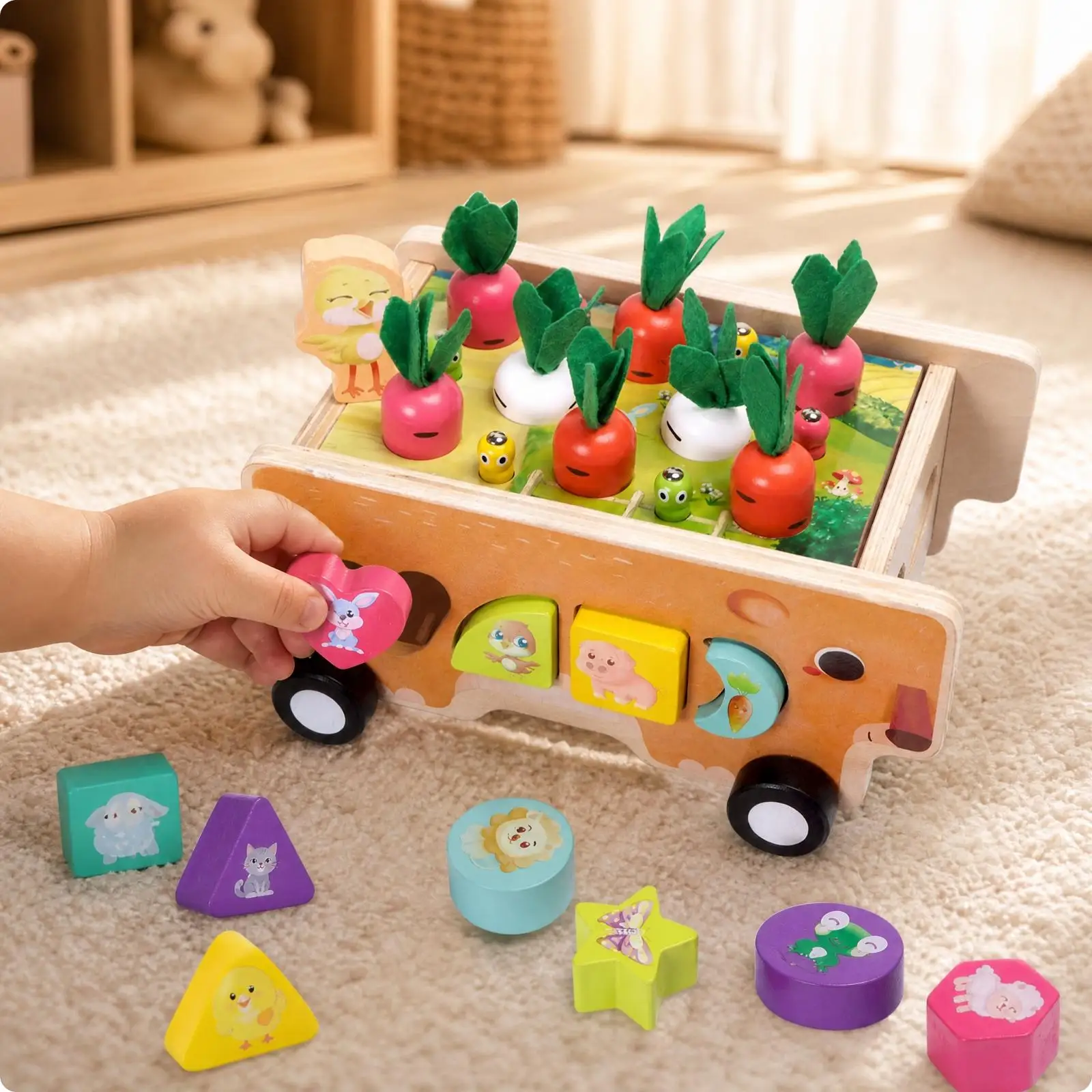 Interactive Wooden Shape Sorter Cart with Farm Bear Design Push Toy for Children Hand Eye Coordination Learning Gift
