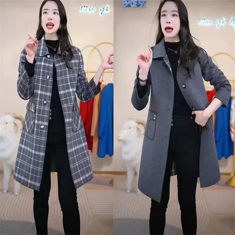 Manteau en laine à carreaux pour femme, velours épais, épais, chaud, mi-long, à capuche, manteau chaud en laine, veste d'hiver pour femme, manteau en fausse fourrure