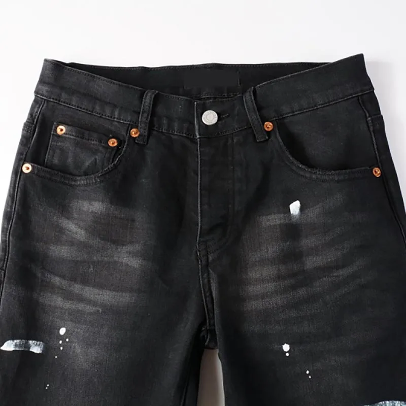 New High quality Purples Jeans Men High Street Black Paint Repair Low Rise Skinny Denim brand Pants