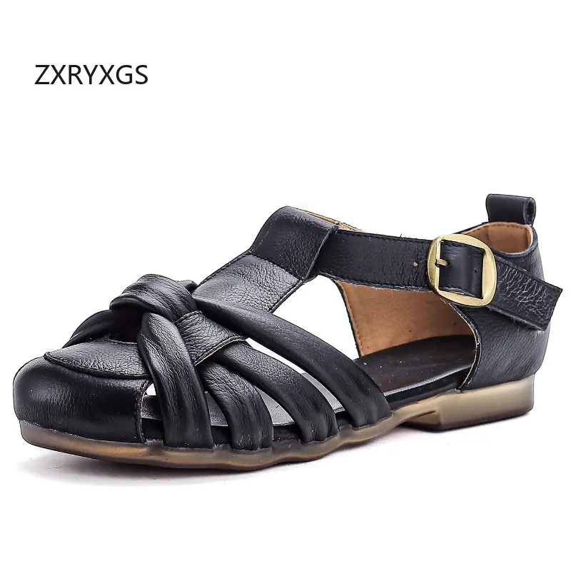 ZXRYXGS Promotion Soft Cowhide Plus Size Sandals 2026 New Summer Round Toe Real Lether Woven Hollow Women Fashion Sandals Flats