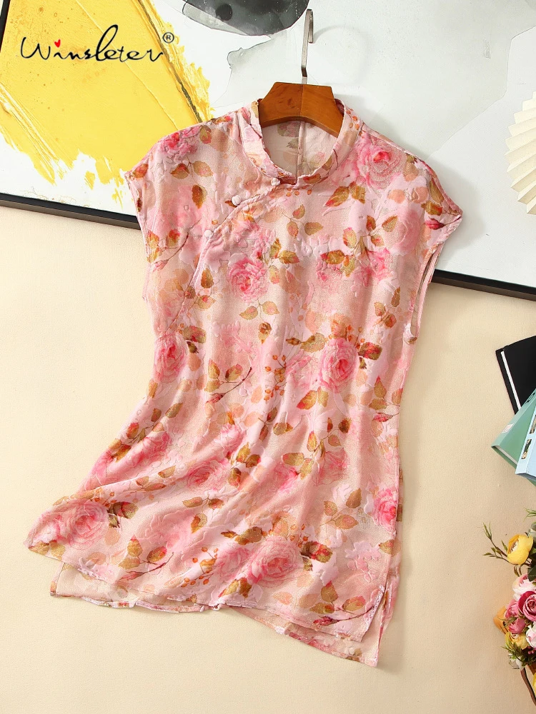 

Winsleter-100%Real Silk Elegant Velvet Shirt, Women Stand Sleeveless Floral, Retro Casual Loose Blouse, 2025 Autumn New T57043CC