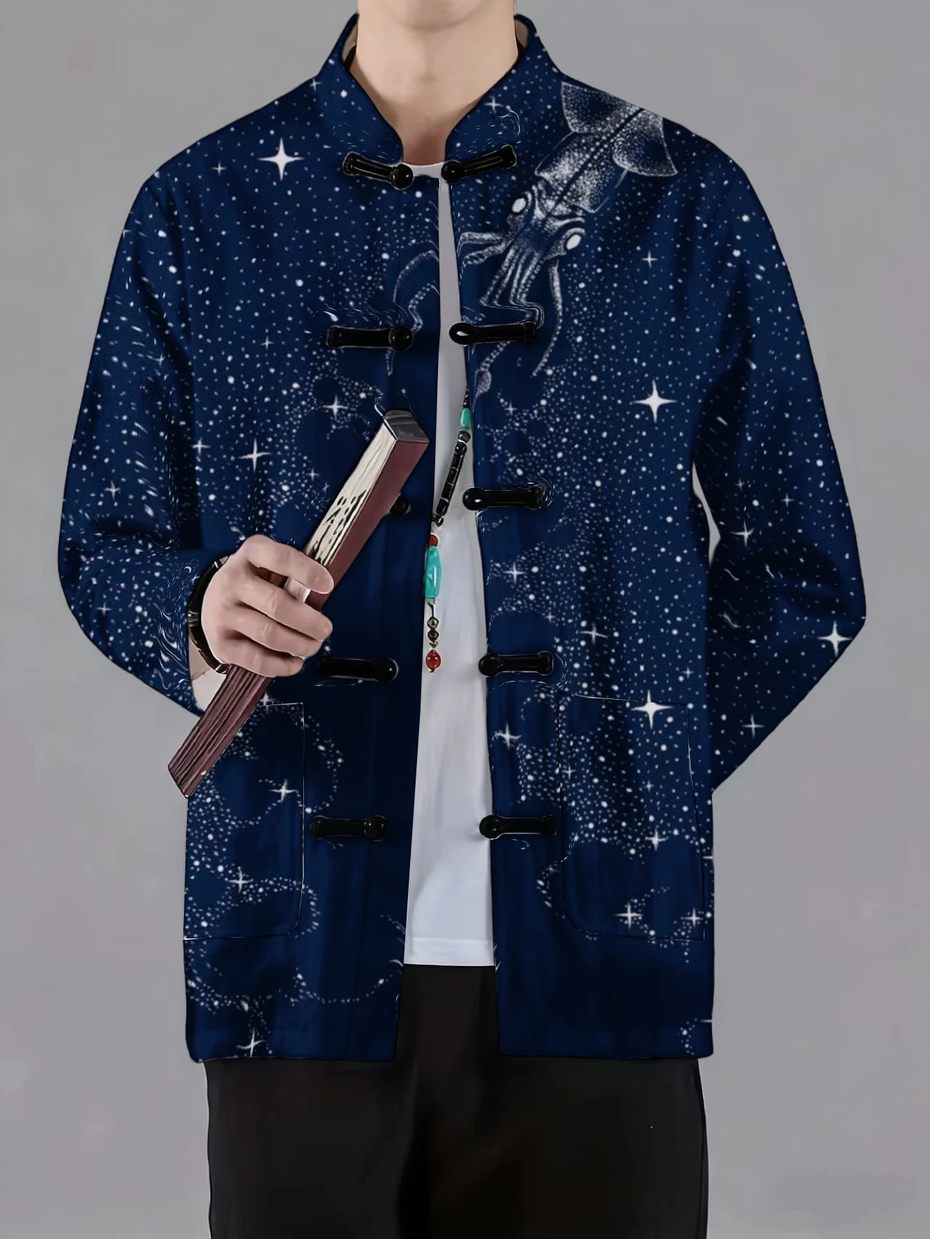 Men Mandarin Collar Frog Button Jacket Leaf Marble Octopus Koi Art Print Traditional Outerwear