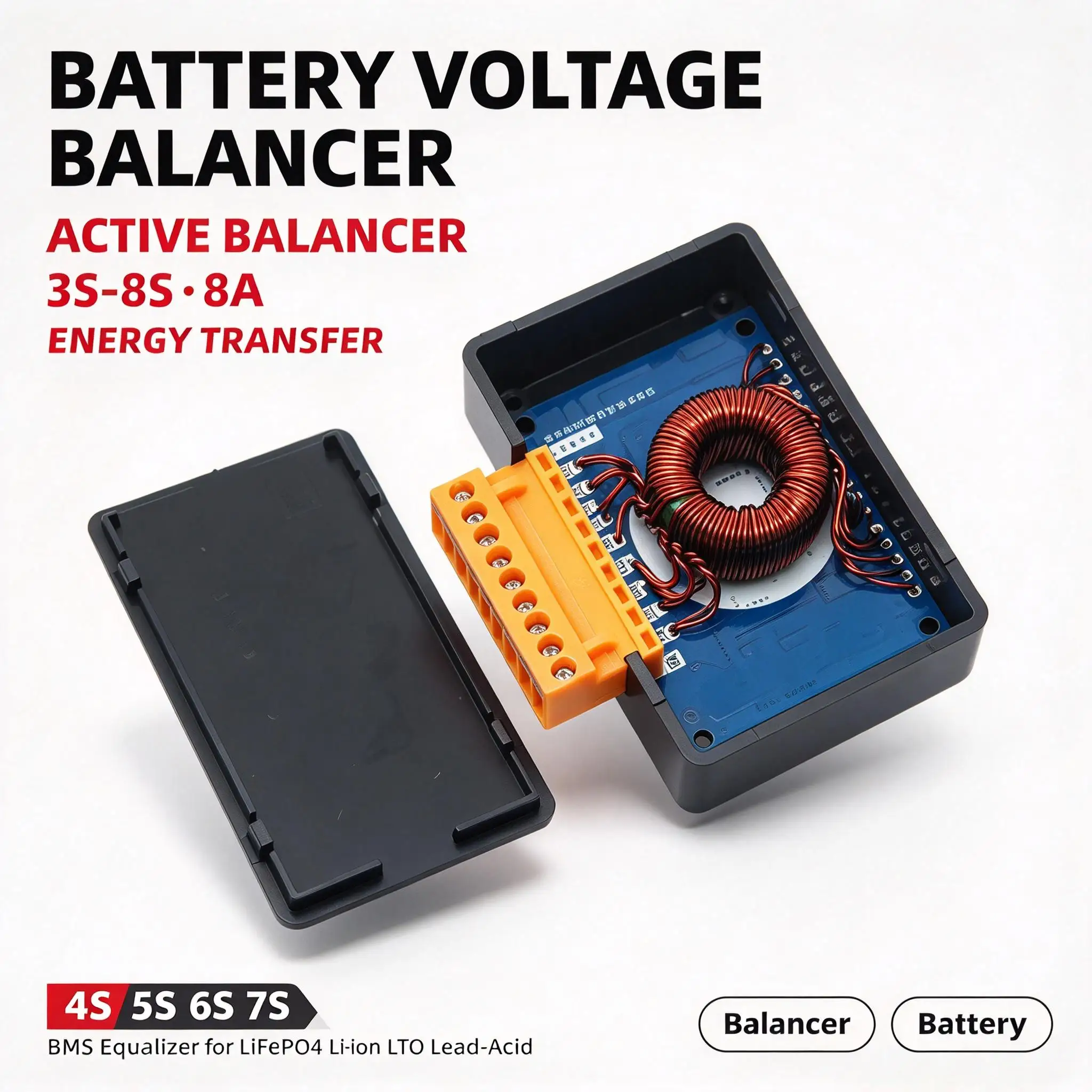 DYKB 8S Active Balancer 0-8A Universal Voltage Balancing Board For 3S-8S Li-ion LiFePO4 LTO Lead-Acid Supercapacitor Pack EV RV