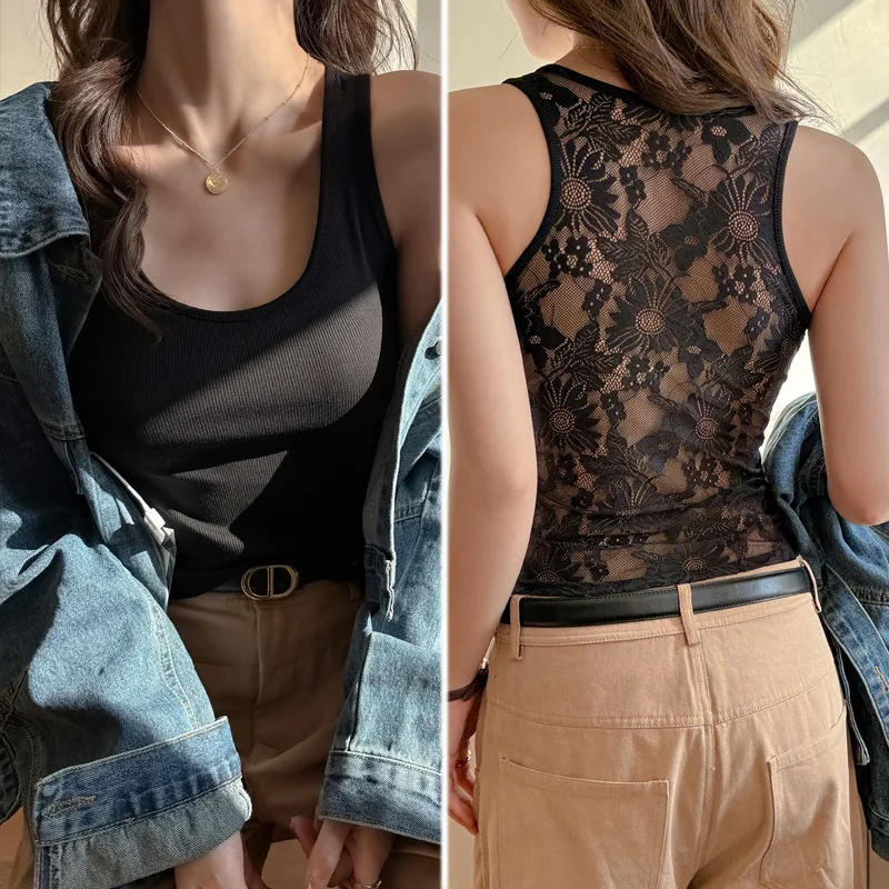 Einfarbige Spitzen-Weste im koreanischen Stil für Damen, Sommerliches Trendiges Ärmelloses Camisole mit U-Ausschnitt, Urlaubs-Unterhemd, Atmungsaktives Baumwoll-Tanktop