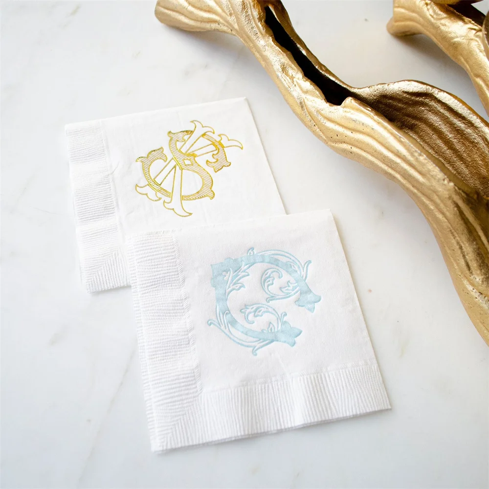 50PCS Wedding Monogram 3ply Beverage Napkins, Monogram Cocktail Napkins, Interlocking Monogram, 3 Ply Napkins, Gold Foil Printed