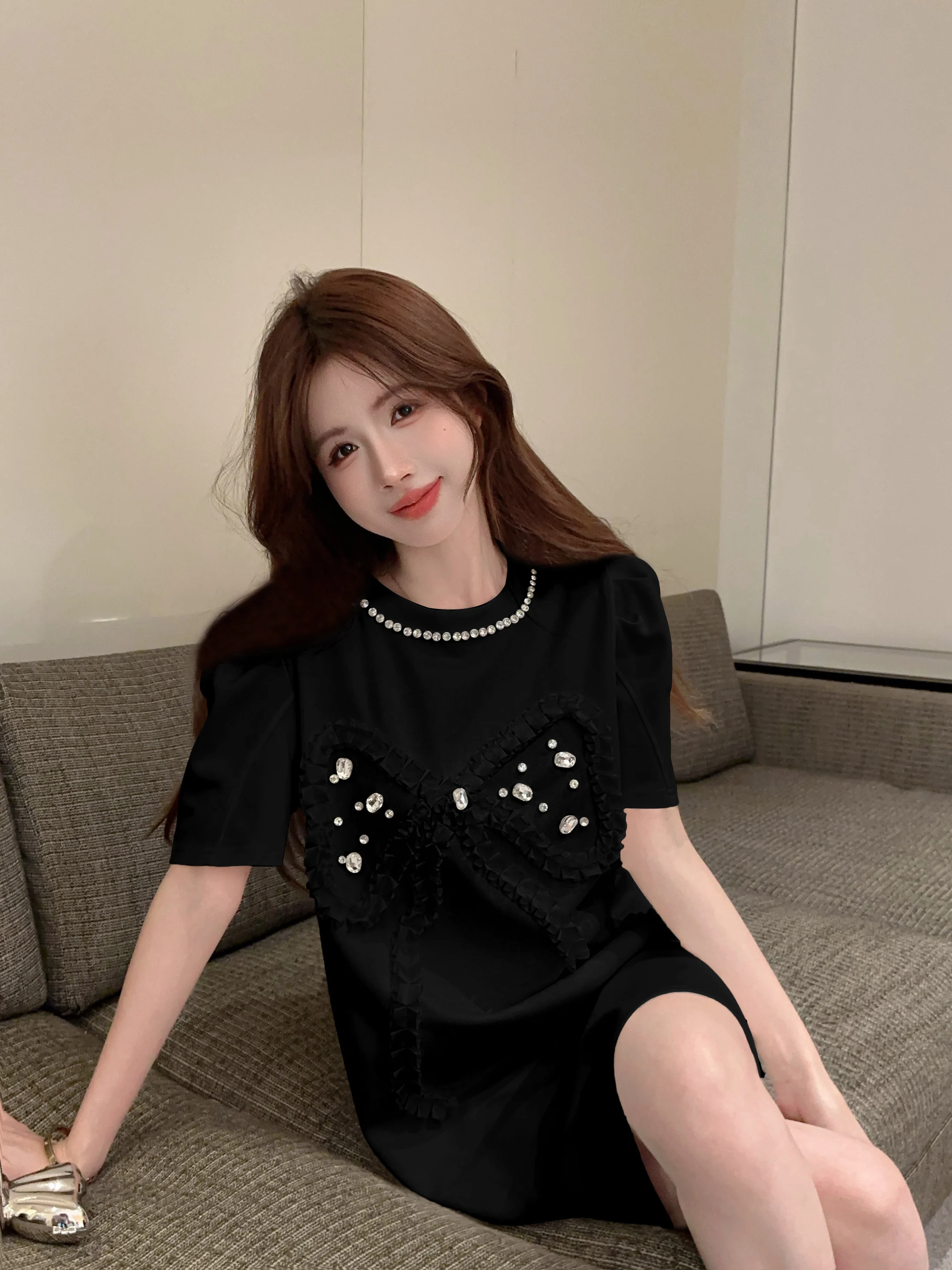 Mode nagel kraal helder diamant ontwerp korte mouw jurken zomer Franse zoete leeftijd verminderen westerse stijl casual T-shirt jurk