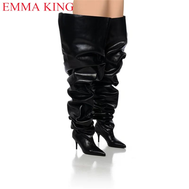 Fall Red Pleated Womens Thigh High Boots Sexy Ladies Party Shoes Over The Knee Boots 2023 High Heels Chaps Long Boots Woman 2023