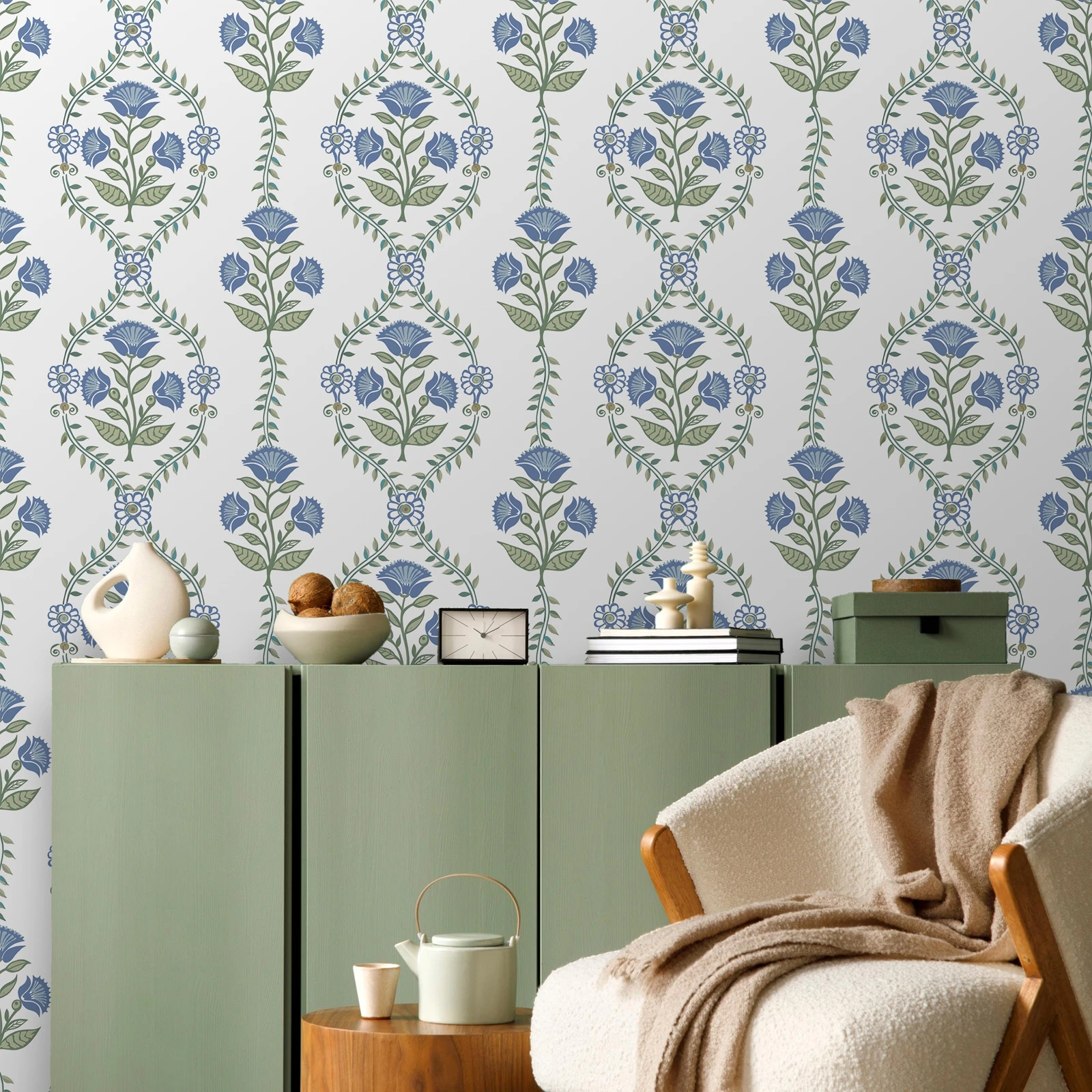 Bezaubernde blaue Blumenreben-Tapete, Vintage-Tapete, selbstklebende Wand, abziehen und aufkleben, dekorative Wandaufkleber für Badezimmer, individuelle Größe