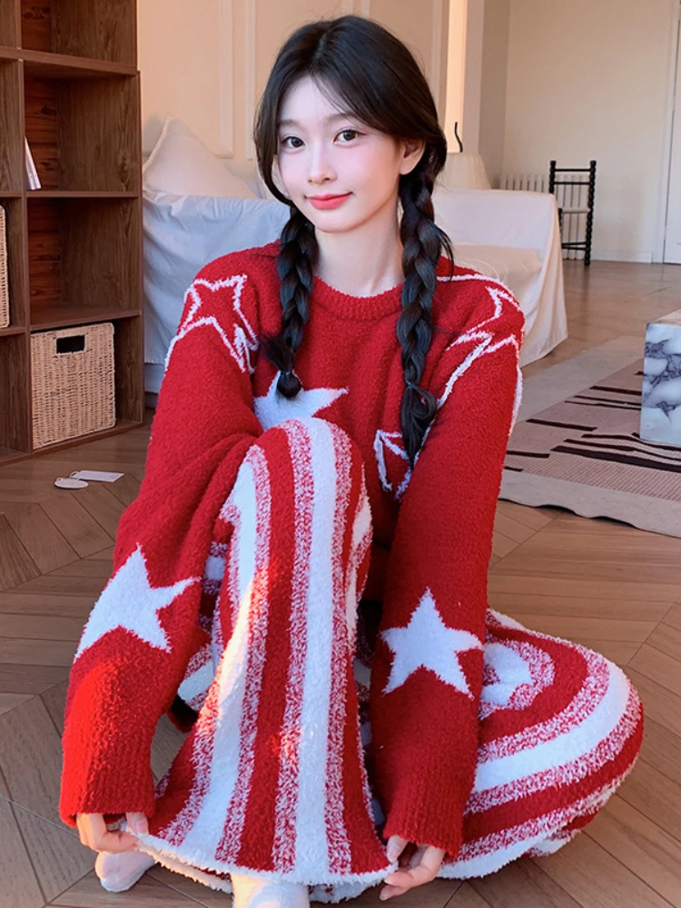 New Year Christmas Party Red Vertical Star Pullover Pajamas Soft Thickened Knitted Age-Reducing Sweet Outwear Women's Home Wear