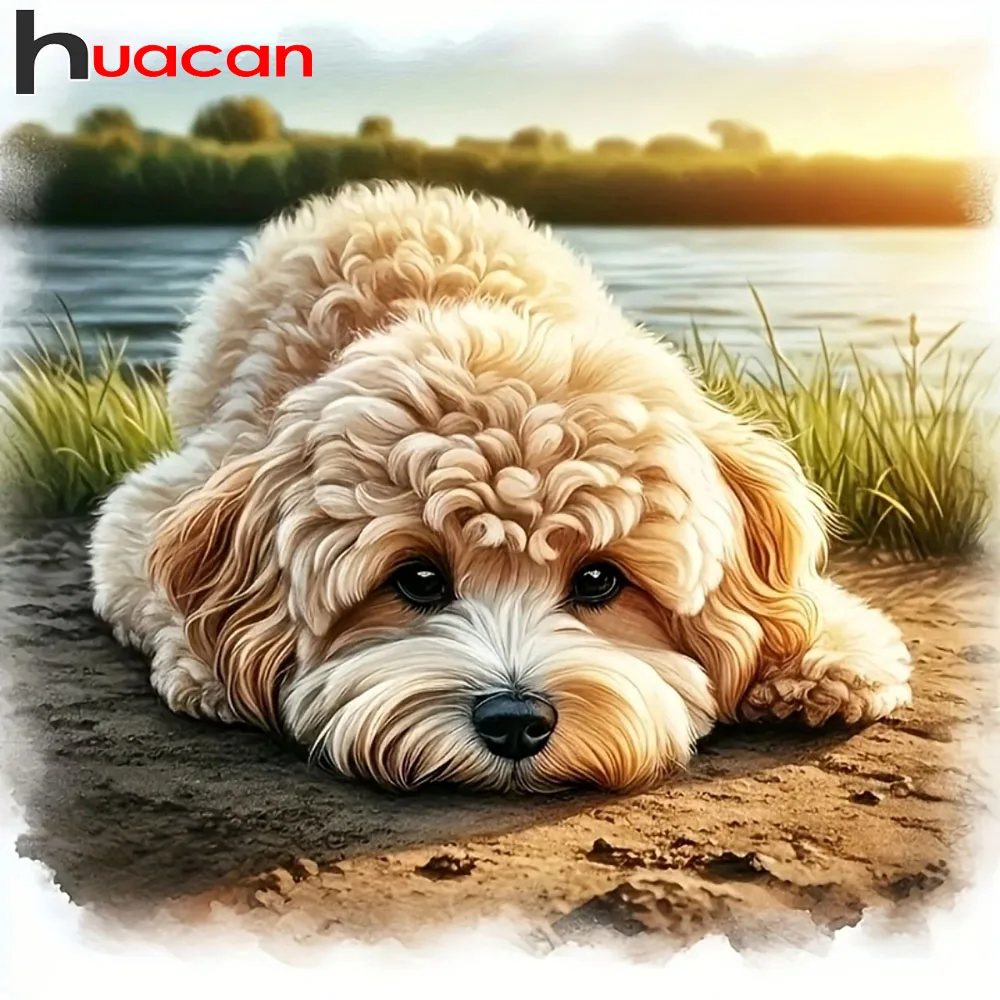 Huacan 5D Diamantmalerei Hund am Fluss Diamant-Mosaik Tier-Landschaft Bastelset Heimdekoration