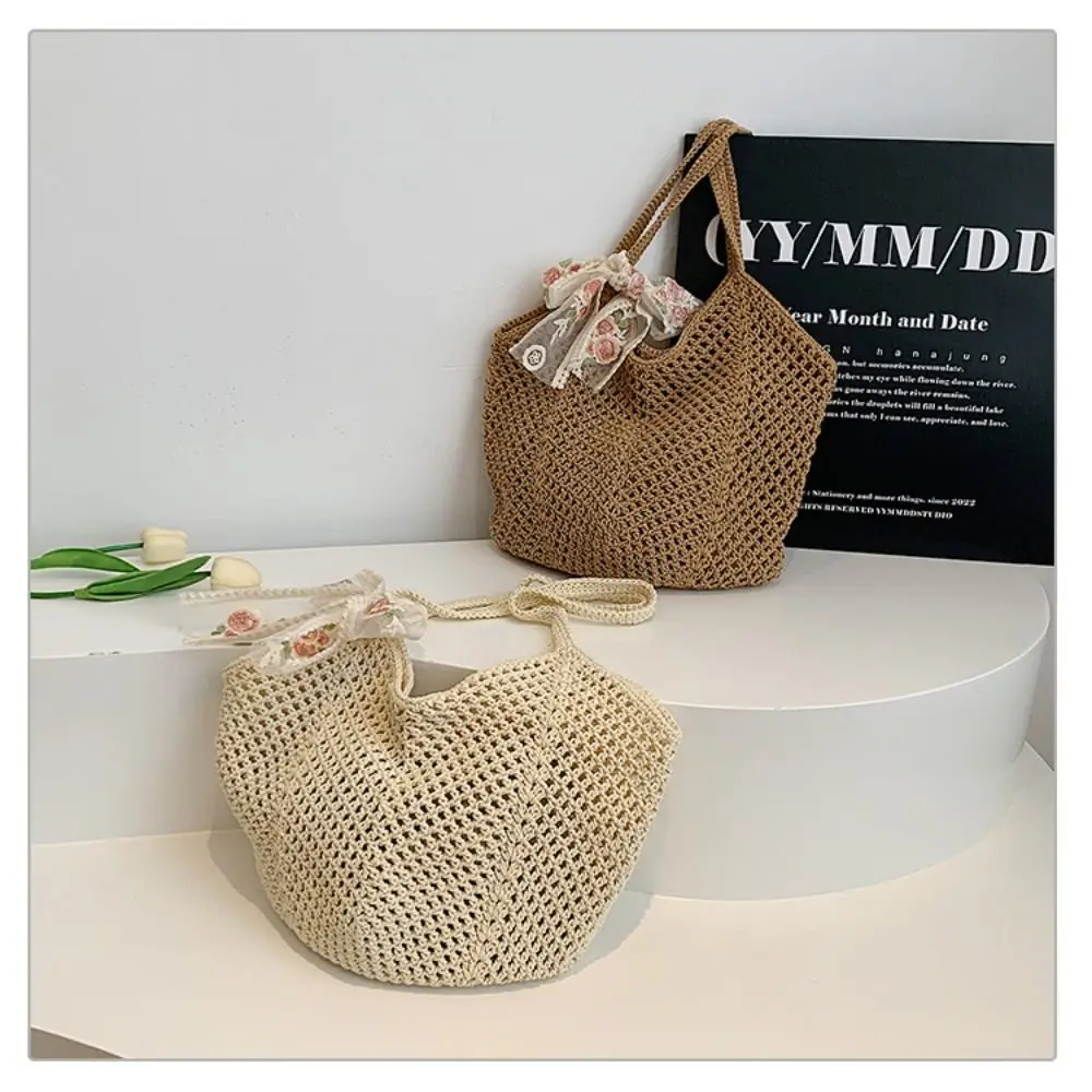 

Solid Color Women Knitting Shoulder Bag Hollow Out Soft Crochet Tote Bag with Bowknot Ribbon Large Capacity Casual Woven Handbag