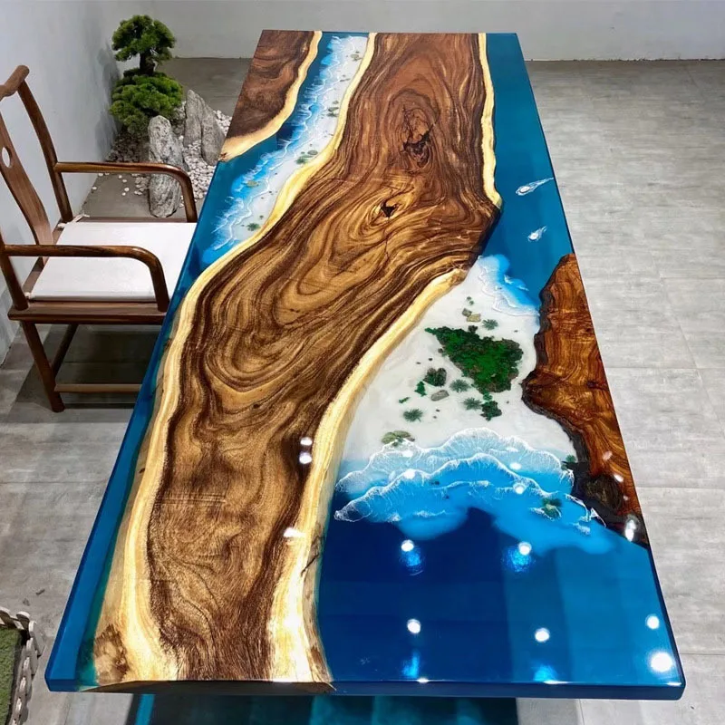 Epoxy resin river table, walnut solid wood large tea table, poplar transparent creative dining table, sea waves