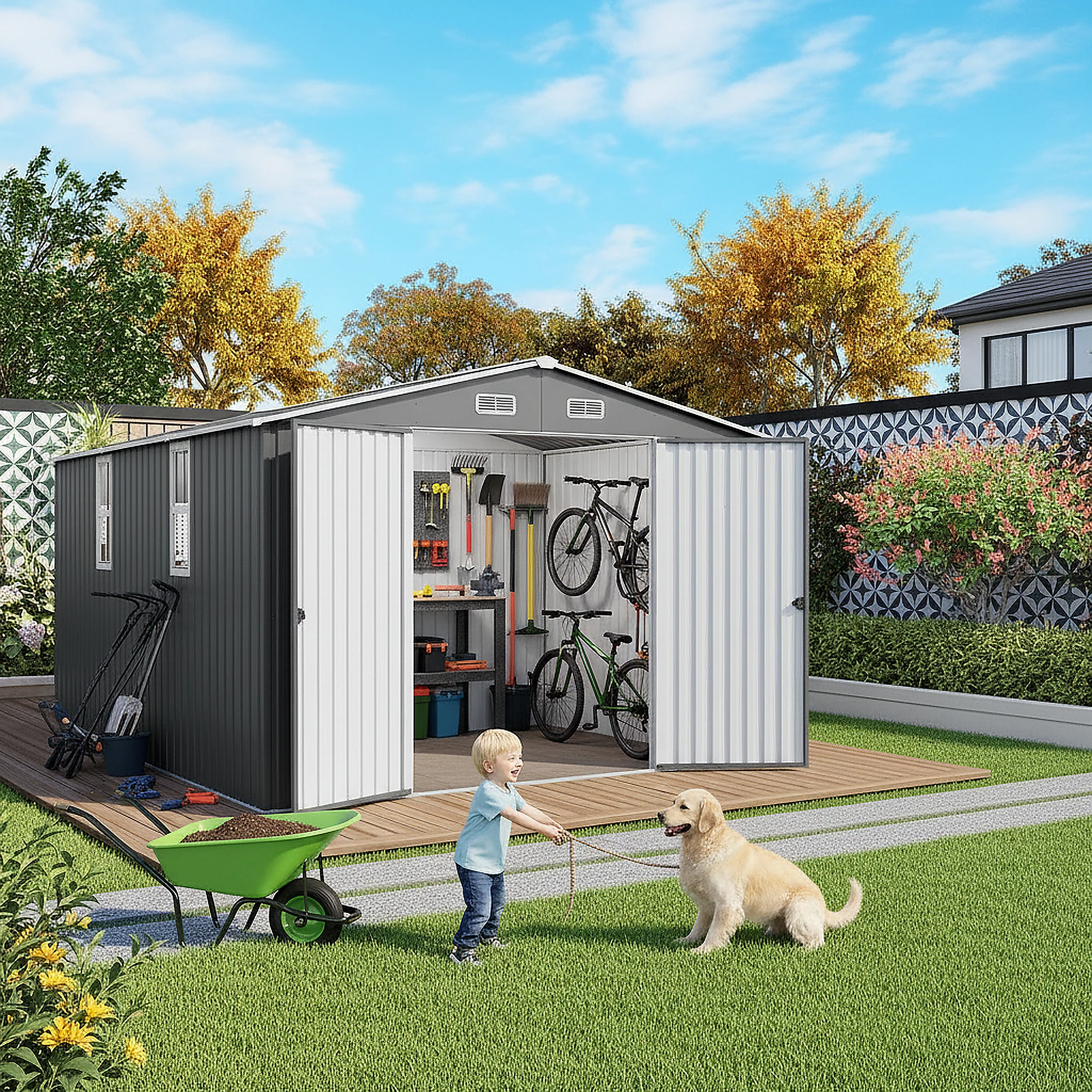 

10x12 FT Metal Outdoor Storage Shed with Window & Lockable Door, for Backyard, Lawn & Patio, Gray
