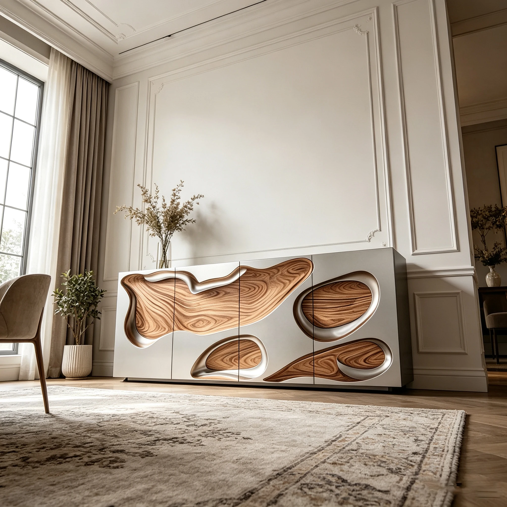 M*-M*-Organic Oval Walnut Inlay Fiberglass Sideboard Matte Silver Shell 4 Door Storage Cabinet for Quiet