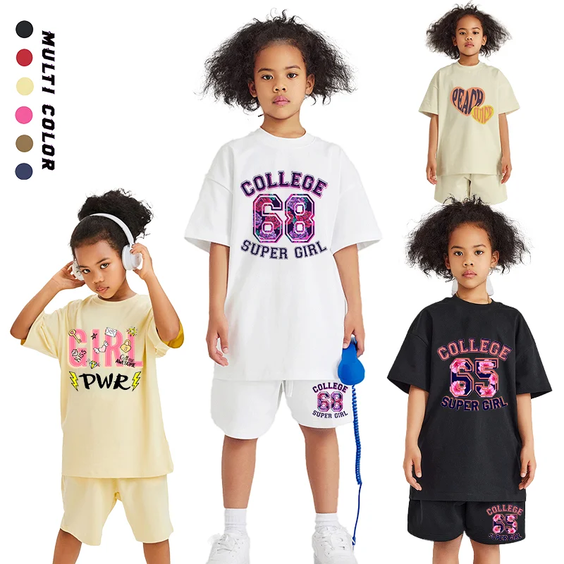 Kids Tees Pure Cotton Summer Short sleeved Girls Clothes Set Cute Cartoon Letters Print T-shirt Casual Wear Children Shorts Sets