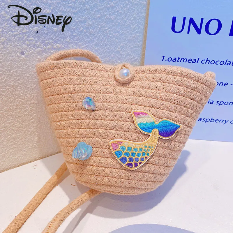 Disney Mermaid New Cotton Thread Woven Women's Bag Fashion Cartoon Seaside Casual Bag Multi Functional Crossbody Mini Bag