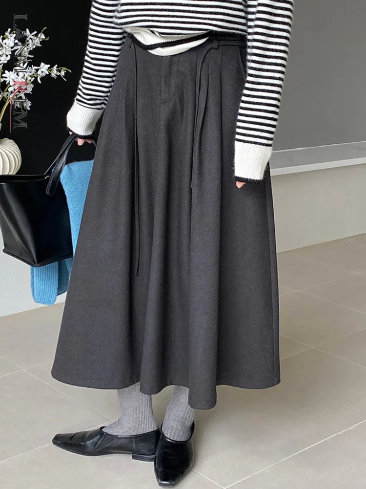 

[LANMREM] Minimalism Wool Skirt For Women Solid A-line Mid-Calf Office Lady Warm Female Clothing 2024 Winter New 26C1385