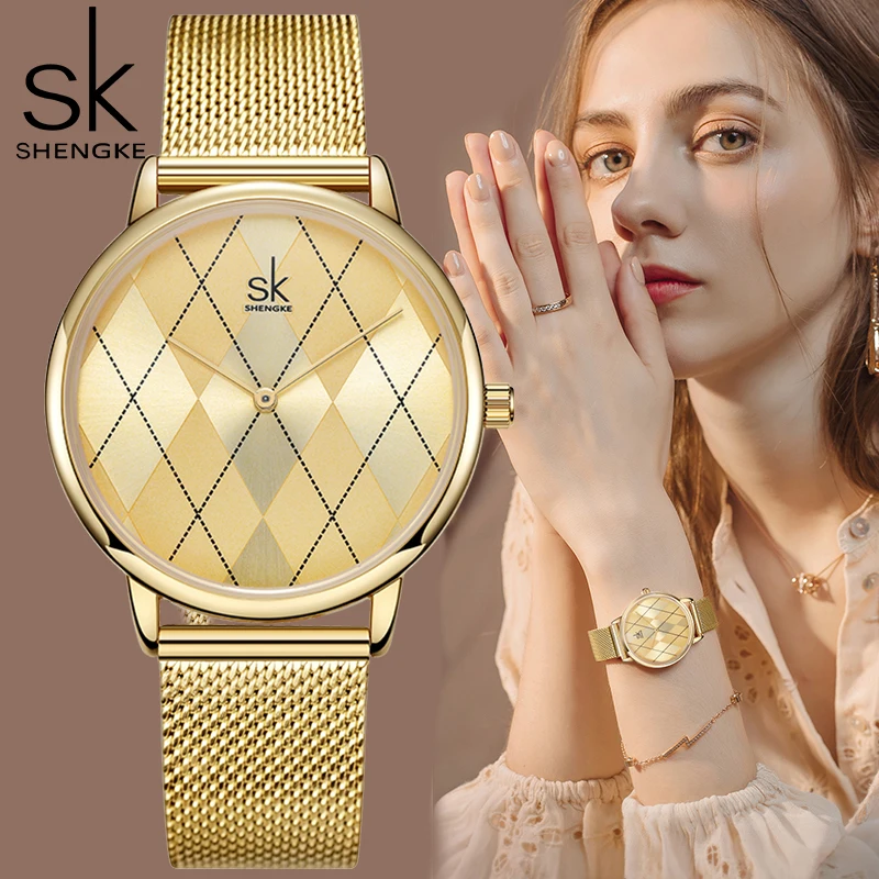 SHENGKE Original Design Womens Watches Fashion Golden Stainless Woman's Quartz Wristwatches Ladies Gifts Clock Relogio Feminino