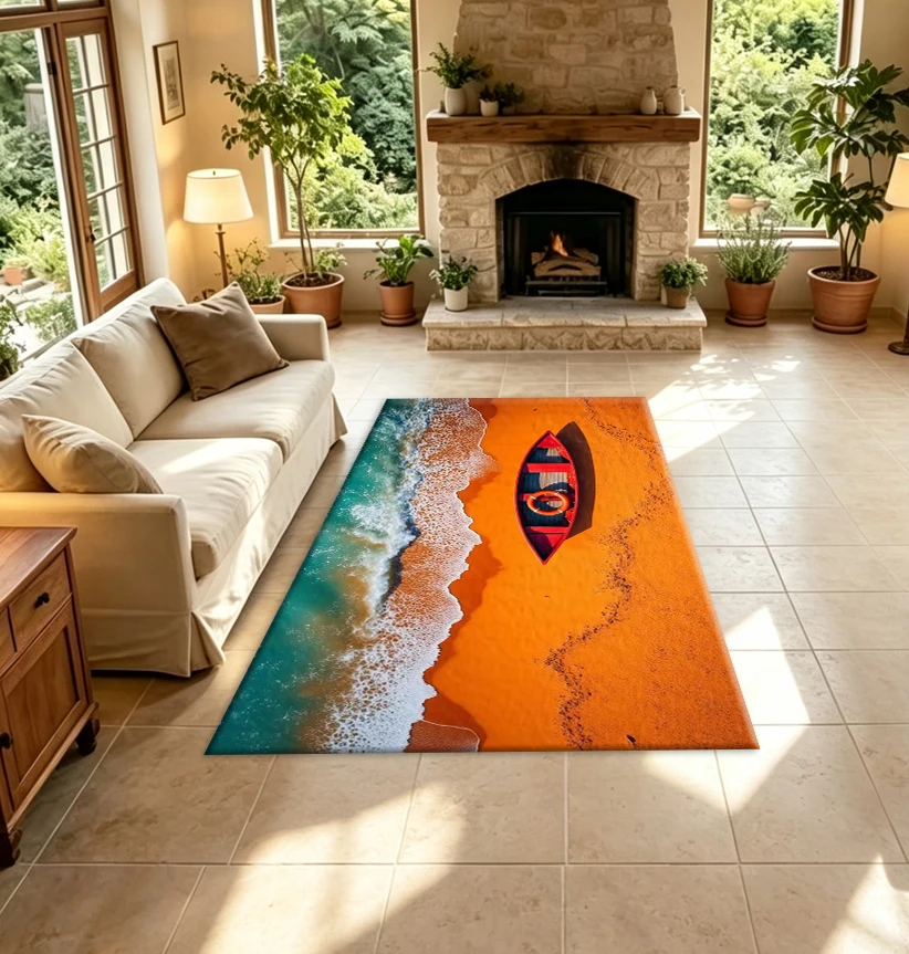 Red Boat Beach Ocean Scenery Carpet Floor Tropical Coast Landscape Floor Mat Suitable for Home Living Room Decoration