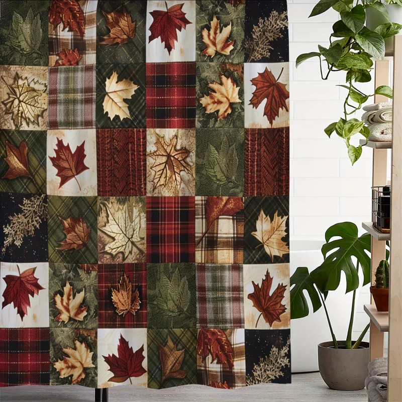 Autumn Leaf Plaid Print Water-Resistant Polyester Shower Curtain 12 Hooks, Machine Washable, Woven Fabric with Artistic The