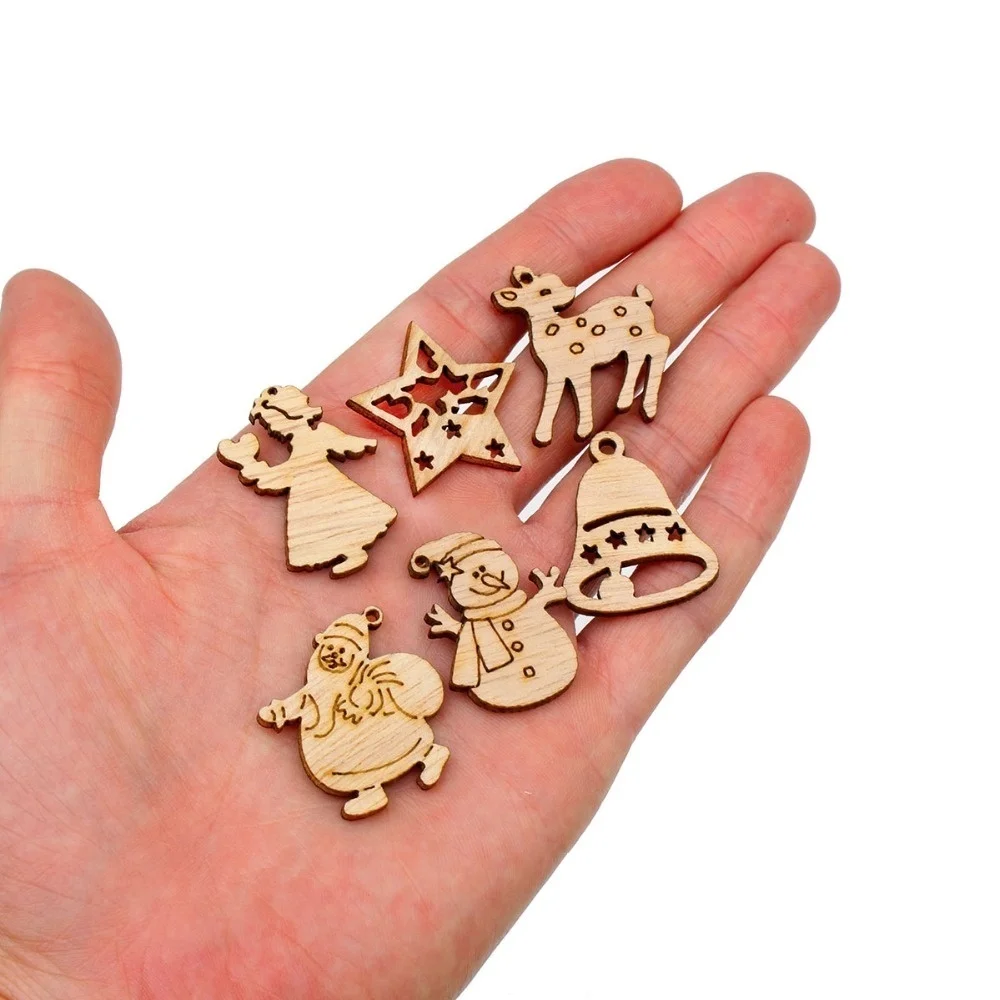 50Pcs Christmas Wooden Chip Santa Claus Snowflake DIY Crafts Xmas Tree Hanging Ornament Pendant Navidad Home Decorations