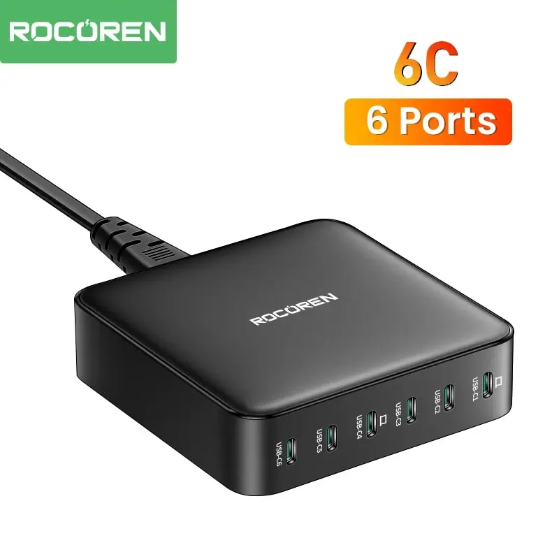 Rocoren 150W 6 in 1 Multiple Ports USB Type C High Speed Charger Fast Charging Desktop Charger Station For iPhone 15 Pro Samsung