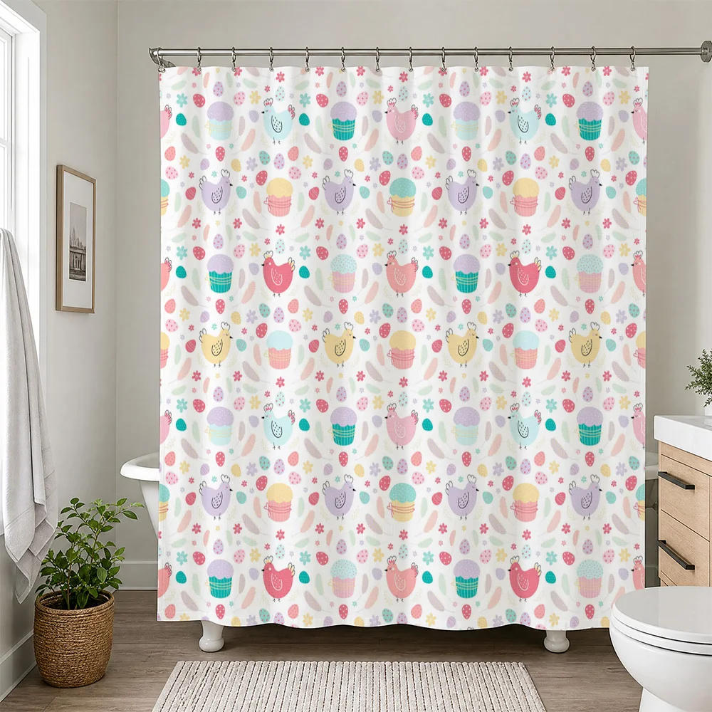 Cute Pastel Chicks Cupcake Pattern Shower Curtain Waterproof Bathroom Liner Nursery Decor Kids Shower Accessories Novelty Home U