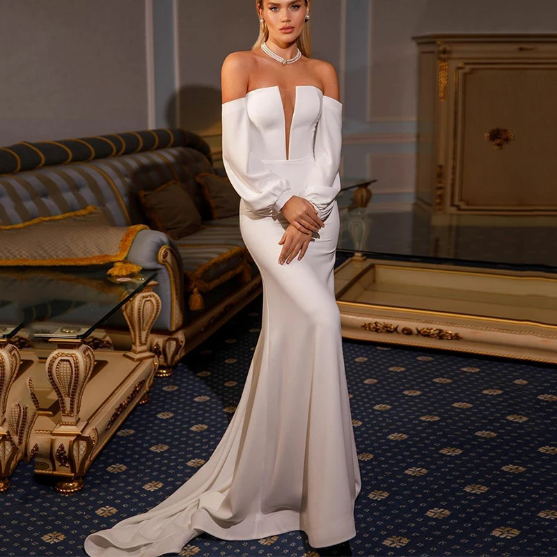 Sexy Mermaid Wedding Dress Long Puff Sleeves Deep V-Neck Bridal Long Gown Simple With Satin Train Robe De Mariée