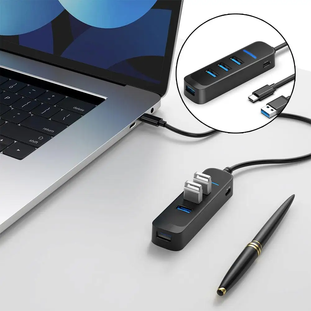 Hub USB 2.0 com Adaptador de Energia, 4 Portas, Multi Splitter, Hub para Acessórios de Computador, Expansor Múltiplo, Tipo C, U2G4