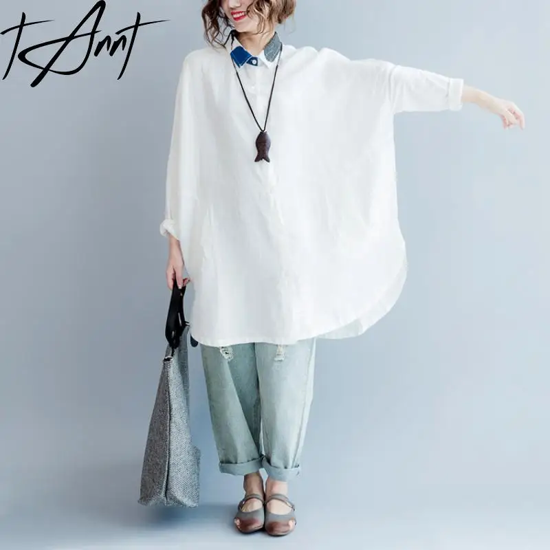 GetSpring Women Shirt 2024 Autumn Color Matching Full Sleeve Linen White Shirt Fashion All Match Loose Casual Long Female Tops