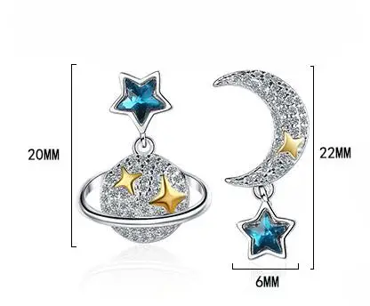 Real 925 Sterling Silver 2022 Jewelry Asymmetric Moon Star CZ Stud Earrings For Daughter Girls Birthday Gift DE0030