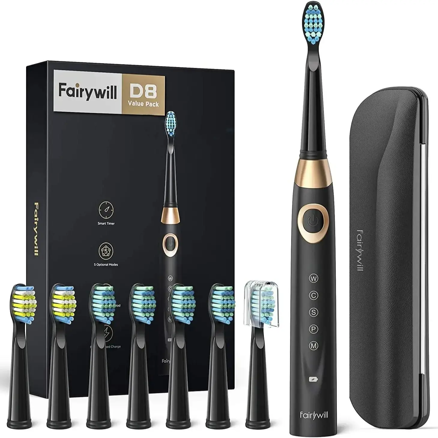 Fairywill Electric Toothbrushes for Adults Kids 5 Modes Smart Timer Rechargeable Whitening Sonic Toothbrush with 8 Brush Heads