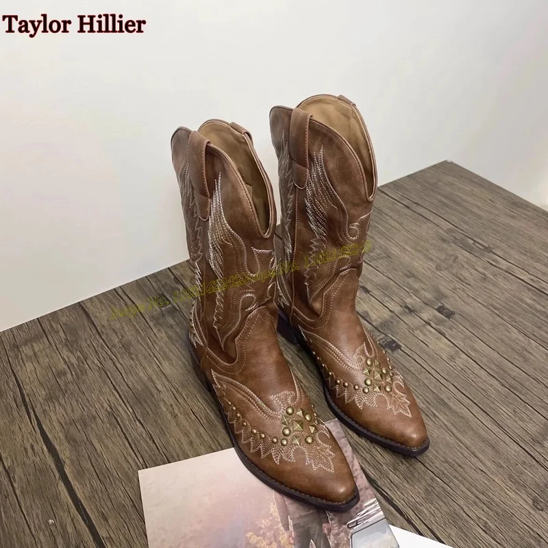 Genuine Leather Rivet Embroidery Western Cowboy Boots Pointed Thick Heel Slip-On Summer Knight Boots Beach Travel Mid-Tube Boots