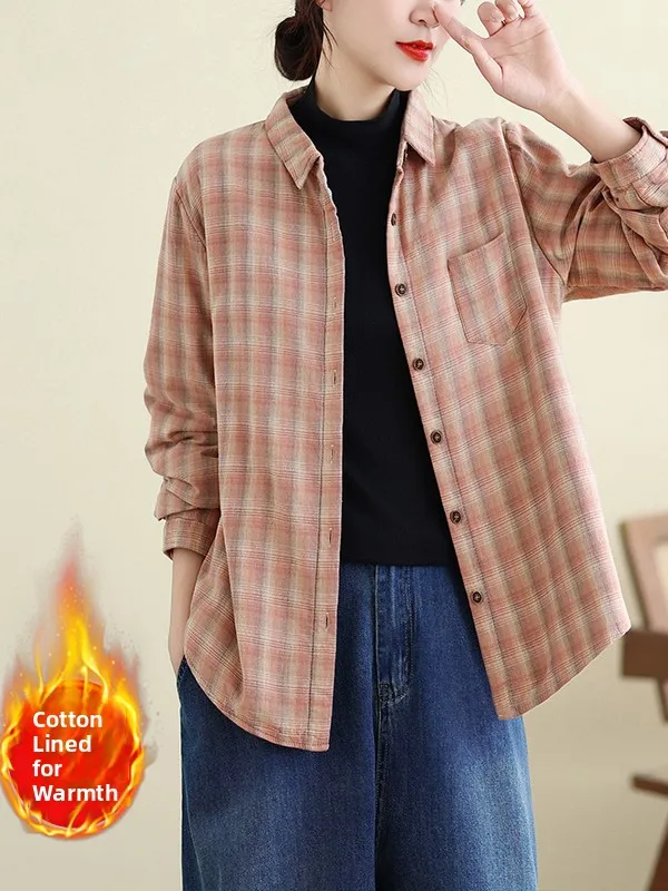 

Korean Japanese High End Large Size Plaid irt Women's Design Sensation Artistic Thi Warm Cotton Long Sve Top