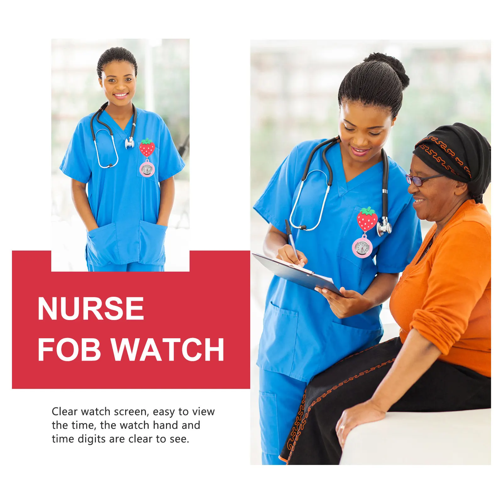 1Pcs Nurse Pocket Watch with Strawberry Design Stretchable Clip-on Style Large Dial for Staff Cartoon Timing Pocket