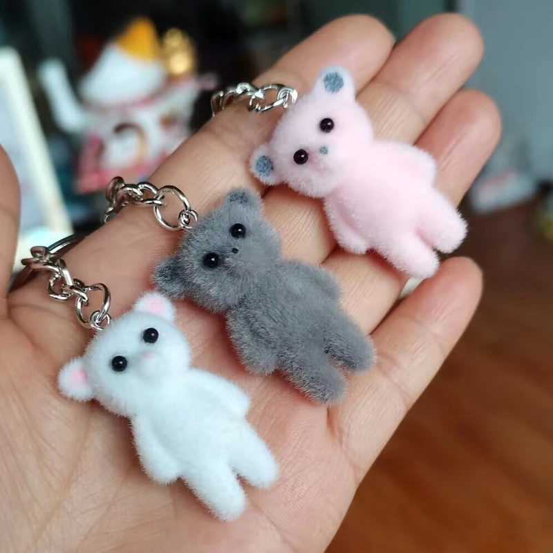 1Pc 3D Cartoon Flocking Bear Keychain for Men and Women, Kawaii Animal Key Ring, Key Chains, Souvenir Gifts, Car Keys, DIY Jewel