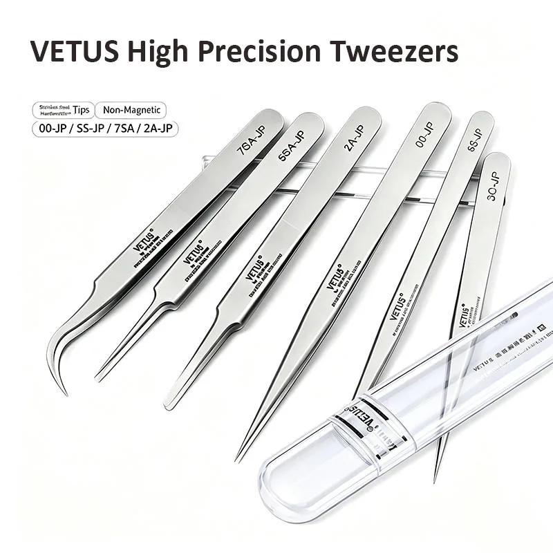 VETUS Tweezers High Precision 7SA‑JP Tweezer Stainless Steel Hardened 00/2A‑JP Non‑Magnetic Anti‑Deformation Precision Repair