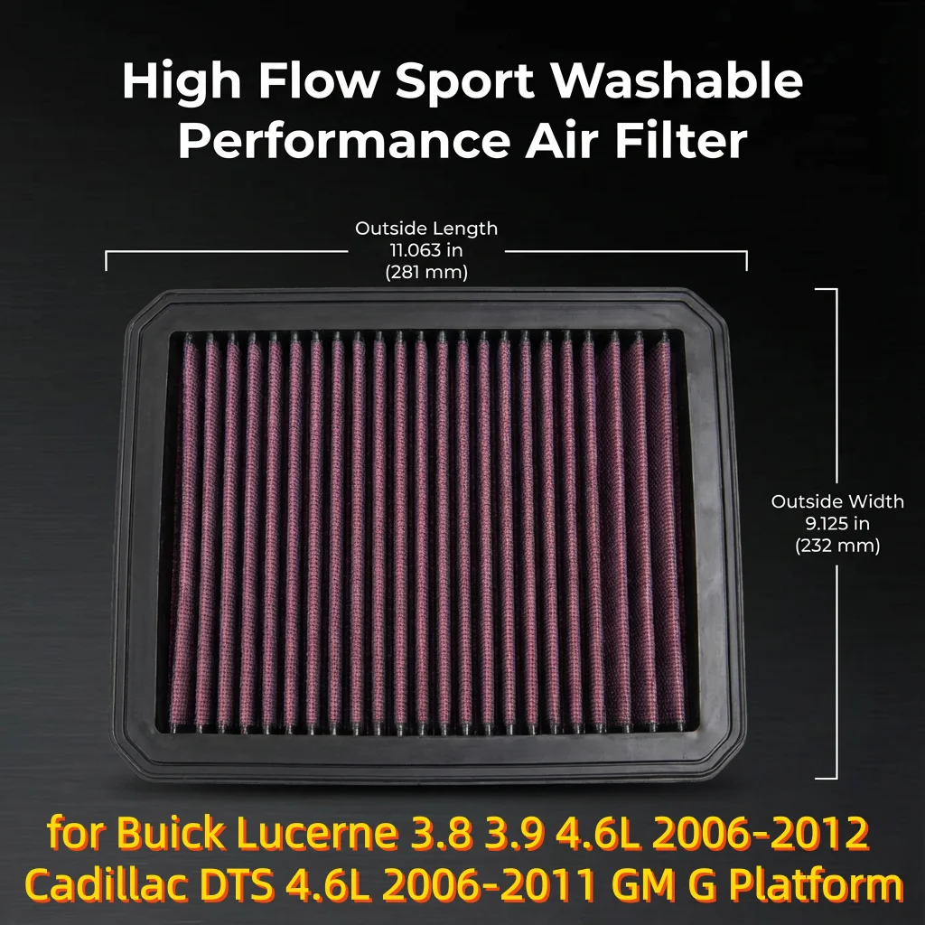 for Buick Lucerne 3.8 3.9 4.6L 2006-2012 Cadillac DTS 4.6L 2006-2011 GM G Platform High Flow Sport Washable Air Filter 33-2296